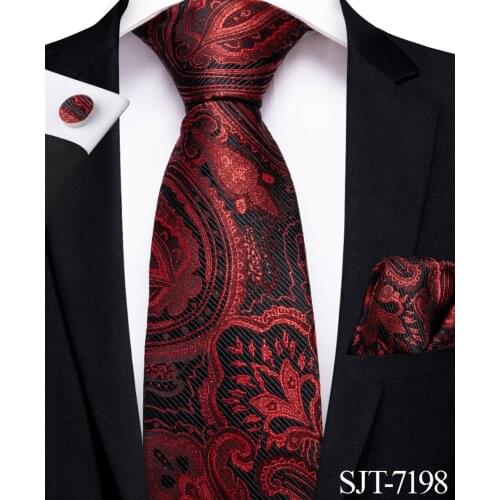 SJT-7198 DiBanGu Luxury Red Black Floral Ties for Men Hanky Cufflinks Ties 8cm Wide Necktie Suit Business Wedding Party Tie Set