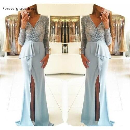 2019 Sky Blue Evening Dresses High Quality V Neck Long Sleeves Formal Godmother Party Guests Gown Plus Size