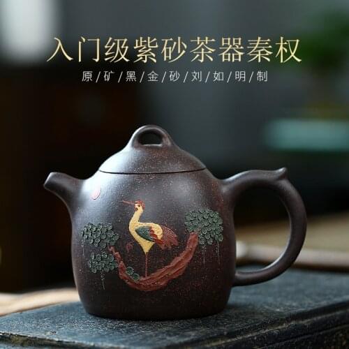 Yixing famous pure ore black gold sand are recommended all hand pine crane Qin Quan teapot kung fu tea set drop shipping