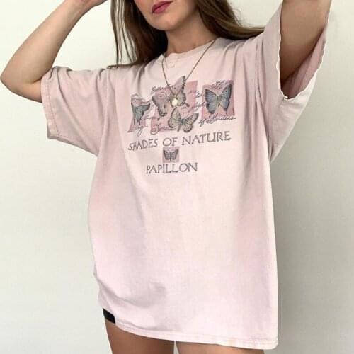 Papillon Shades of Nature cotton T Shirts Women Vintage Pink Butterfly Print Tshirts 2021Summer O-neck Casual loose Teens Tops