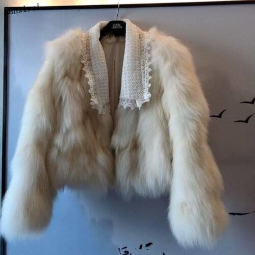 Ladies Jacket Full Fur Fake Fox Fur Coat Winter Warm Fashion Round Lace Neck Leather Rrass Short Jacket Outwear
