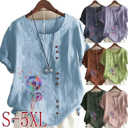 Womens Summer New Fashion Dandelion Print Round Neck Short-sleeved T-shirt Casual Loose Solid Color Shirt Plus Size Top S-5XL