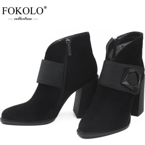FOKOLO Women Ankle boots Fashion Black Round Toe Cow Suede Winter Short Plush Lining Boots High Quality Handmade Lady Shoes X12