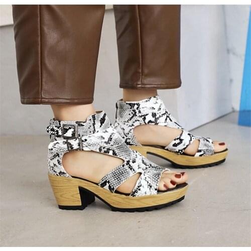 PXELENA Vintage Snake Print Gladiator Sandals Women Chunky Block High Heels Punk Rock Gothic Shoes Summer Lady Plus Size 34-43