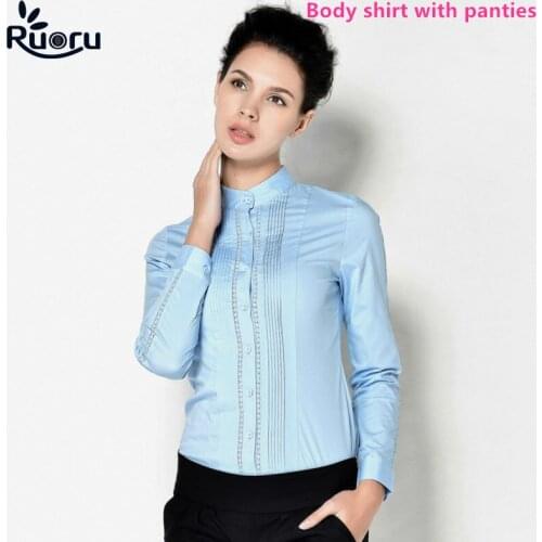 Ruoru Fashion Ladies Long Sleeve Body Shirt Women Formal Lace Patchwork White Blouse for Work Wear Women Body Female Tops