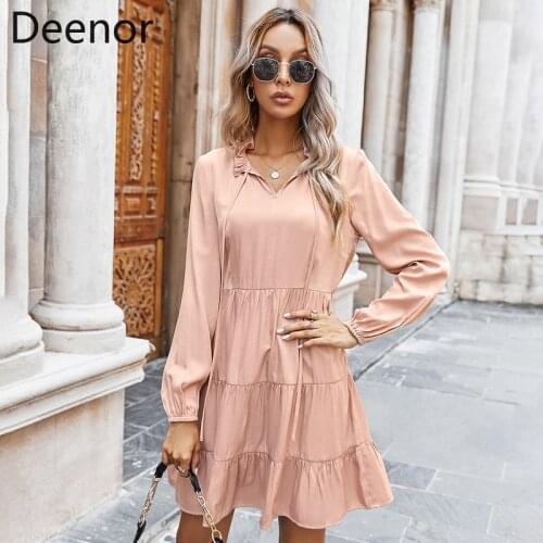 Deenor Womens 2021 Pure Color Long-Sleeved Pullover Dress with High Waist and Slim Women Fashion Ruffles A-Line Dress Vestido