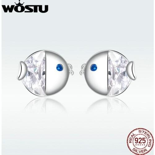 WOSTU 100% 925 Sterling Silver Kissing Fish Stud Earrings Korean Style Wedding Engagement Earrings For Women Girl Jewelry BNE204