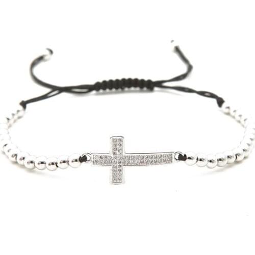 Gold silver micro pave cz Cubic Zirconia rope adjusted Copper Beads Bracelet df2 cross Charm Braided Bangles