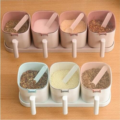 1 Set Plastic Spices Box Pepper Spice Shaker Salt Seasoning Organizer Kitchen Cruet Condiment Bottle Jars Container With Spoons