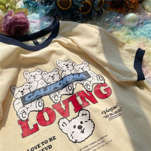 100%Cotton Retro Bear American Vintage Style T Shirts Women Summer Oversized Tshirts 2021New Brand Fashion Cute Teens Girls Tops