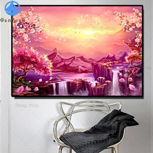 5d Diamond Painting Cherry blossom wonderland Full Drill square round Diamond Embroidery waterfall Home Decoration Wall Stickers