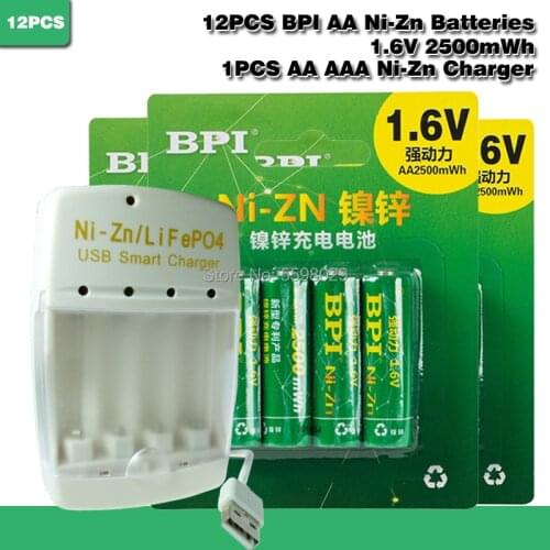 12pcs BPI 1.5V 1.6v aa 2500mWh rechargeable battery+1pcs aa/aaa LiPO4 Ni-Zn USB charger