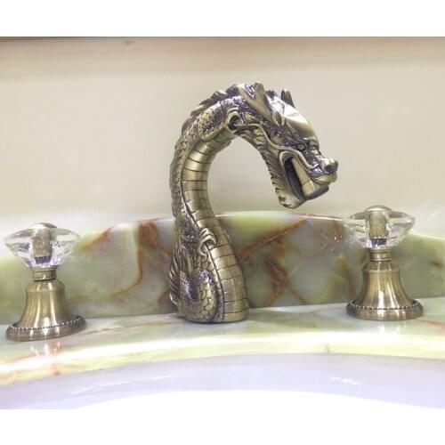 Free ship Antique brass 8" widespread bathroom dragon lav sink Faucet mixer tap crystal handles New deck mounted Luxurious tap