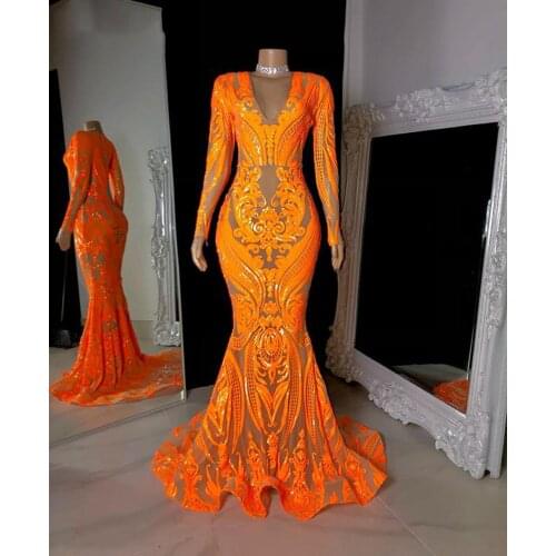 Sparkly Lace Prom Dresses 2021 V-neck Long Sleeve Orange applique Sequined African Black Girls Mermaid Evening Dress