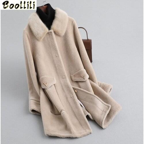 Boollili 100% Wool Coat Winter Coat Women Real Fur Coat Female Mink Fur Collar Sheep Shearling Jacket Korean Long Coats