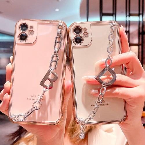 Metal Chain Wrist Strap Case for IPhone 12 11 Pro Max SE 2020 Plating Soft TPU Cover for IPhone X XR XS Max 7 8 Plus Coque Funda