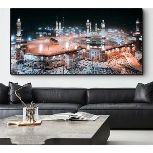 Mecca Mosque Night View Canvas Paintings on The Wall Art Posters and Prints Kabe Mekke Islamic Art Picture for Living Room Decor