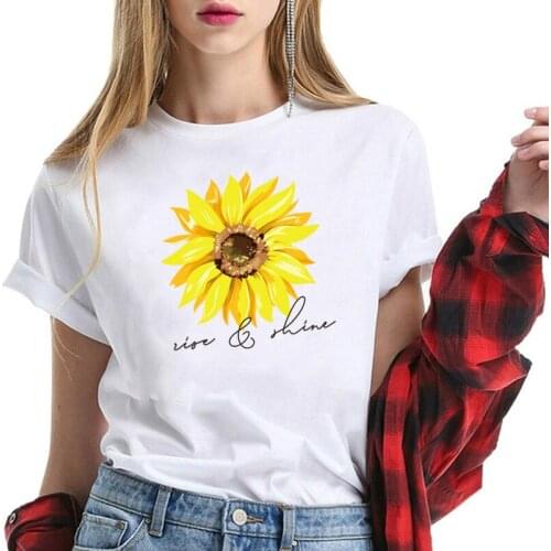Sun Flower Letter Print T-shirt Women Short Sleeve Round Neck Slim Fit Cute Girls Tshirts Tees & Tops Summer 2020 Tshirts