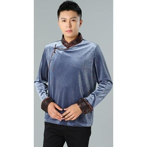 Tang Suit Traditional Chinese Clothing for Men Hanfu Blouse Gold velvet Shirts Long Sleeves Asia Costume Clothes