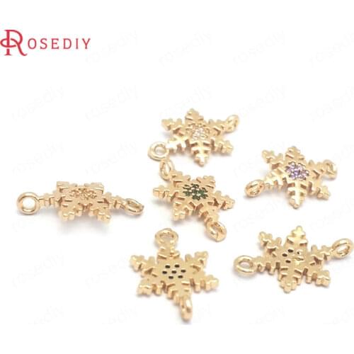 10PCS 9.5x15MM 24K Champagne Gold Color Brass and Zircon 2 Holes Snowflake Connect Charms Pendants DIY Jewelry Making Supplies