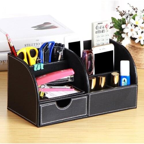 Multi-function desktop storage box Leather office stationery pen holder Creative business card case
