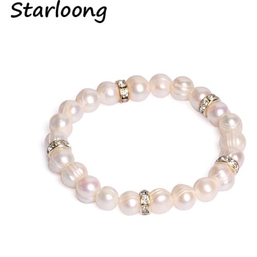 New fashion jewelry round Natural freshwater pearls beads bracelet alloy spacers rhinestone beads strand bracelets for women