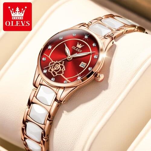 OLEVS 2021 New Fashion Calendar Set Diamond British Movement Ceramic Quartz Womens Watches Camellia Waterproof Luminous 3606