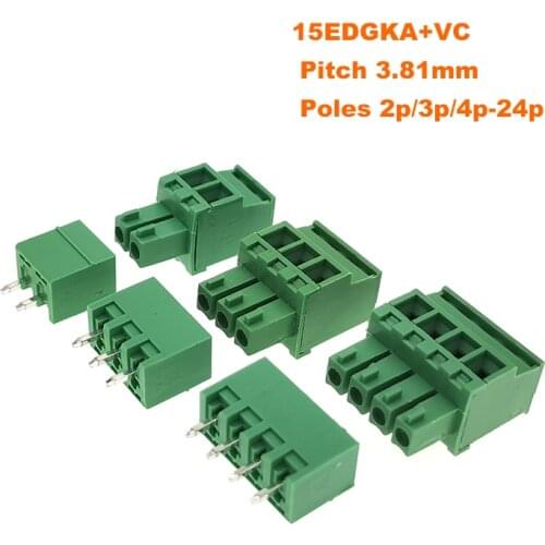 Pitch 3.81mm Vertical Pin 2P 3P 4P Screw Plug-in PCB Terminal Block Pluggable Connector male/female 15EDGKA+VC morsettiera