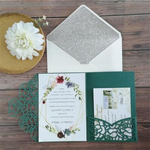 Greenery wedding invitation suite laser cut tri-fold floral pocket printable invite save the day
