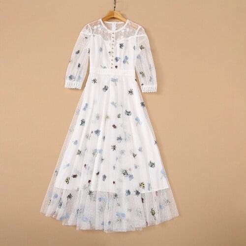 European and American womens wear for spring 2021 7 minutes of sleeve Round collar Insects embroidery Fashionable mesh dress