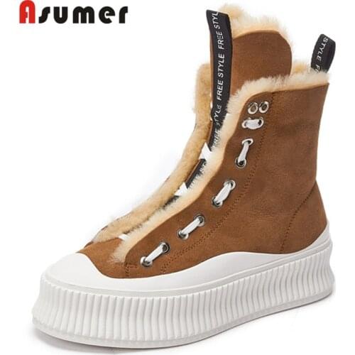 ASUMER Black Lace Up Snow Boots Women Casual Flat Shoes Round Toe Keep Warm Thick Fur Winter Ankle Boots For Women 2021