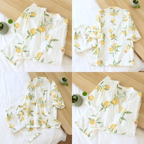 Japanese Kimono Spring and Autumn Womens New Floral Loose Pajamas Suit 100% Cotton Three-quarter Sleeve Home Service Thin Summer