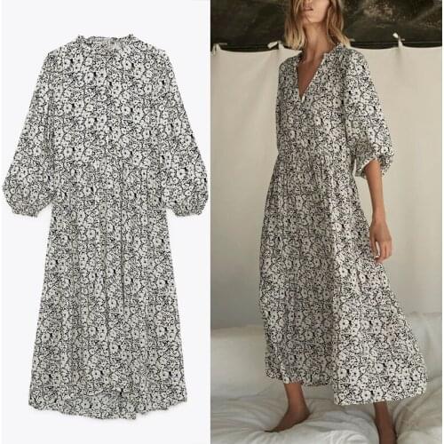 2021 Print Oversized Dress Women Long Puff Sleeve Ruffle Collar Party Dresses Woman Fashion Summer Long Pleated Vestidos