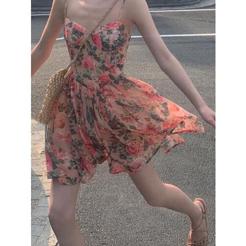 French Gentle Vintage Fairy Floral Lace Sling Dress Elegant Woman Chiffon V-neck Strapless Slim All-match Princess Mini Dress