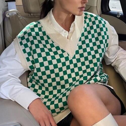 ZXQJ Women Plaid Sweater Vest 2021 Autumn Fahion Ladies Casual Loose Sleeveless Pullover Female V Neck Green White Sweater