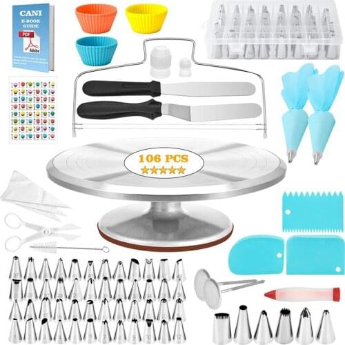 106-Piece Cake Tools Cake Decorating Supplies Kit Piping Bag Aluminum Turntable Russian Nozzle Reusable Cake Tools Set