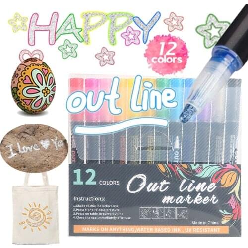 12 Colors Out Line Marker Metal Glitter Marker Pen DIY Painting Doodling Outline Marker for Graffiti/Album/Hand Account Supplies