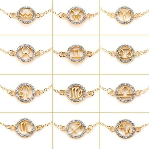 Zodiac Bracelet Charm Crystal Round Circle Bracelet Bangle For Ladies Sagittarius Libra Rhinestone Link Bracelet Fashion Jewelry