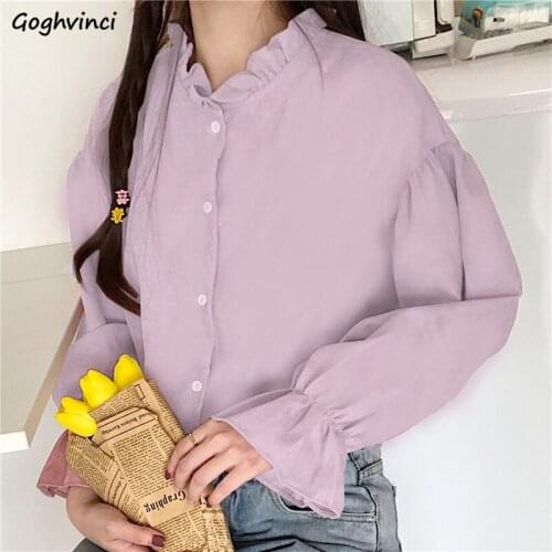 Women Blouses Flare Sleeve Shirts Solid Ruffled Single Breasted Autumn Japanese Style Sweet All-match Slim Female Tops Chic New