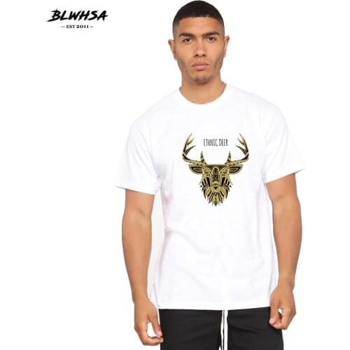 BLWHSA Ethnic Deer Printing T Shirt Men Fashion Short Sleeve Funny T-shirt Cool Design Ethnic Deer Printed Plus Size Tops Tees