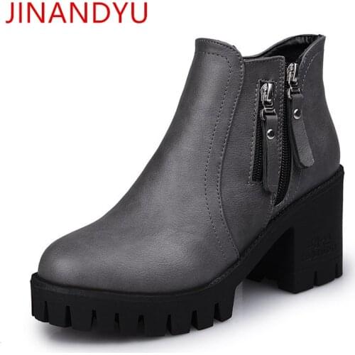 Ankle Boots Women Leather Platform Casual Shoes Autumn Women Heels Leather Boots Women Shoes High Heel Fashion Zip Chunky Boots