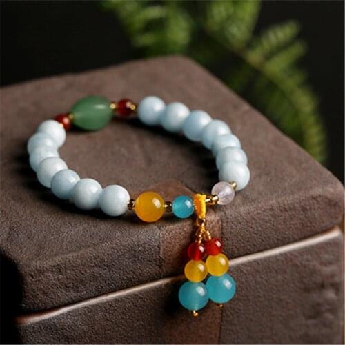 Natural Gemstone Aquamarine Bead Bracelet Vintage Charm Round Chain Agate Bracelet For Women Girls Jewelry DIY Making
