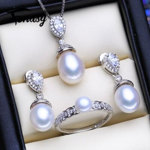 FENASY Natural Freshwater Pearl Jewelry Sets 925 Sterling Silver Necklace For Women Wedding Jewelry Sets With Drop Earrings