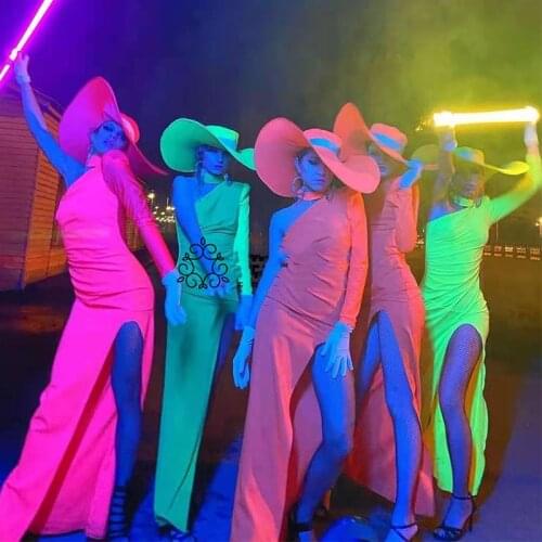 Fluorescent Dresses For Women Birthday Outfits Sexy Slit Rave Big Hat Nightclub Dj Gogo Dancer Singer Costume Party Wear VDB3380