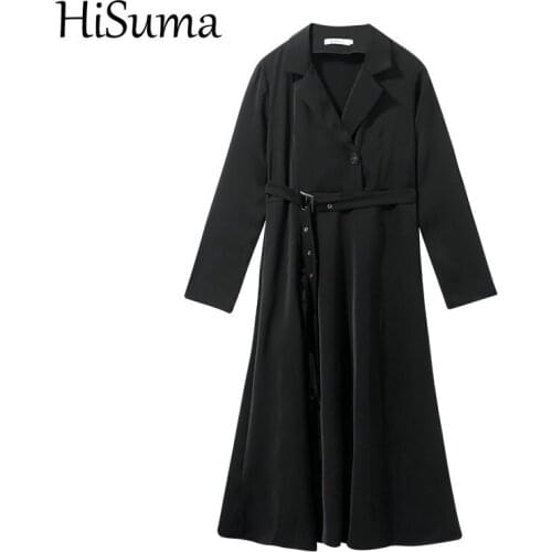 HISUMA Spring Autumn Women Notched Collar Long Sleeve Button Midi Dress With Sashes Belt Office Lady Slim Waist Party Chic Dress