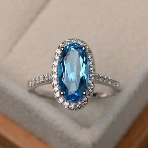 Exquisite Silver Plated Wedding Band Oval Cut Blue Zircon Cocktail Party Womens Ring Bridal Jewelry Fashion Crystal Ring Gifts