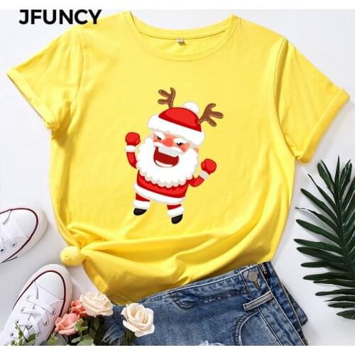 JFUNCY 100% Cotton Womens Tops Christmas Crazy Santa Printed T-shirt Female Casual T Shirt Women Plus Size Short Sleeve Tees