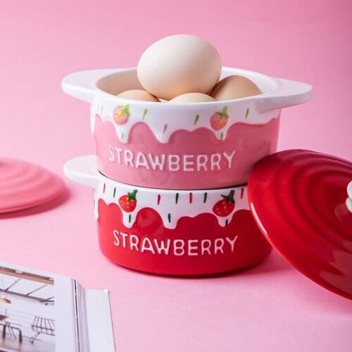 Ceramic Bowl with Exquisite Strawberry Pattern Steamed Egg Custard Bowl with Lid Binaural Childrens Bowl Ceramic Tableware