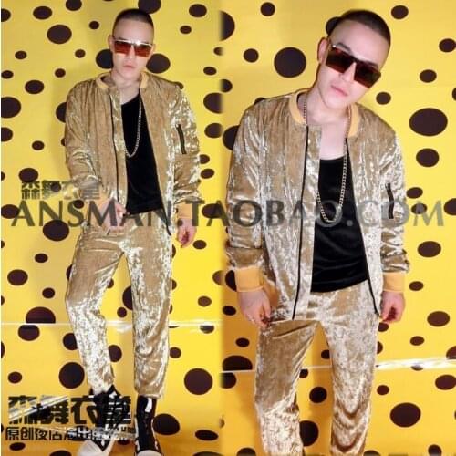 Nightclub Male Singer DJ dancer costumes Champagne Gold Diamond Velvet flash hip-hop baseball uniforms stage wear jacket