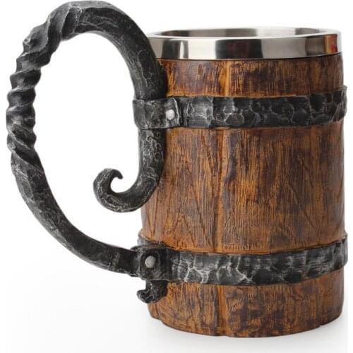 Creative Double Walls Big Drinking Cup Metal Insulated Thermal Simulation Wooden Barrel Stainless Steel Liner Beer Mug
